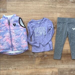 Hurley Lavender Shirt with Swirl Vest and Gray Leggings